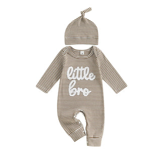 Baby Boys 2Pcs Autumn Striped Jumpsuit Long Sleeve Crewneck Letter Little Bro Embroidery Romper with Hat Set