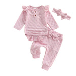 Baby Girls 3Pcs Set Checkered Button Long Sleeve Round Neck Ruffled Romper Long Pants Hair Band Outfit