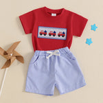 Baby Toddler Boys 2Pcs 4th of July Outfit Short Sleeve Truck/Flag Embroidery T Shirt Top + Shorts Set Clothes