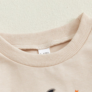 Baby Toddler Boys 2Pcs My First Halloween Outfit Letter Print Long Sleeve Top with Bat Embroidered Jogger Pants Set