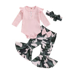 Baby Girls 3Pcs Fall Outfit Long Sleeve Ribbed Solid Color Romper Camouflage Print Flared Long Pants Headband Set