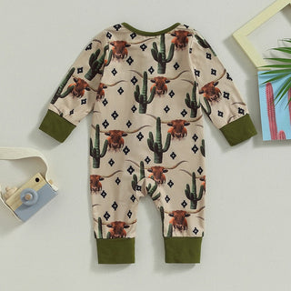 Baby Boys Girls Jumpsuit Long Sleeve Cow/Horse Print Zipped Autumn Romper Clothes