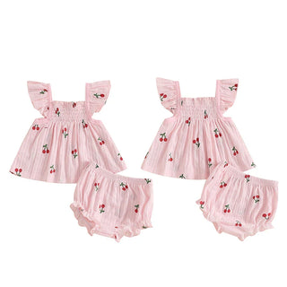 Baby Toddler Girl 2Pcs Shorts Set Cherry Print Fly Sleeve Babydoll Top Elastic Waist Ruffle Shorts Summer Outfit