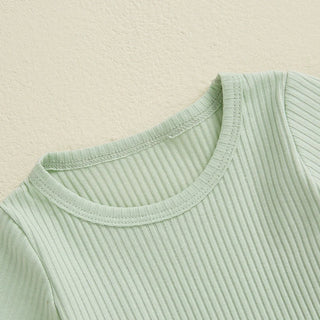 Baby Toddler Girls 2Pcs Ribbed Outfit Solid Color Short Sleeve T-Shirt Top Elastic Waist Ruffle Shorts Set