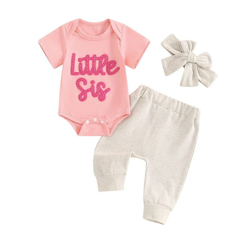 Baby Girl 3Pcs Little Sis Outfit Letter Embroidered Short Sleeve Romper Long Pants Headband Set