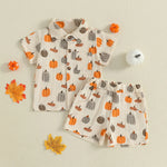 Baby Boys Halloween Outfits Pumpkin Print Button Short Sleeves T-Shirt and Elastic Shorts Set Clothes Set
