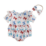 Baby Girl 2Pcs 4th of July Outfit Love Heart Star Pattern Ruffled Crew Neck Short Sleeve Romper & Bow Headband Set