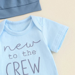 Baby Boy 3Pcs New To The Crew Outfit Letter Short Sleeve Romper with Solid Color Pants and Hat Set