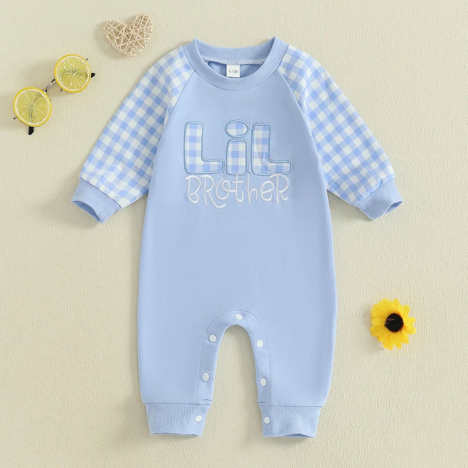 Baby Toddler Boy Lil Brother Fall Romper Plaid Print Letter Embroidery Long Sleeve Round Neck Full Length Jumpsuit