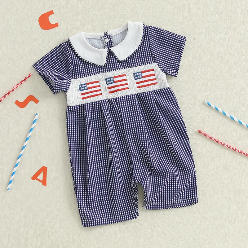 Baby Girl 4th of July Romper Smocked Plaid Pattern American Flag Embroidery Ruffled Doll Collar Short Sleeve Jumpsuit