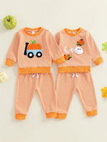 Baby Toddler Boy Girl 2Pcs Halloween Outfit Pumpkin Embroidery Boo Ghost Striped Long Sleeve Top and Elastic Jogger Pants Set
