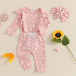 Baby Girl 3Pcs Spring Fall Outfit Floral Print Long Frill Sleeve Romper Long Flower Pants Headband Set