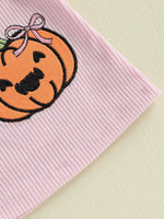 Baby Girls 3Pcs Halloween Outfit Pumpkin Print Long Sleeves Romper and Overall Tank Dress Bow Headband Set