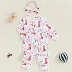 Baby Girl 2Pcs Fall Jumpsuit Ruffled Zip Up Boots Ribbons Print Long Sleeve Round Neck Zipper Romper Bow Headband Set
