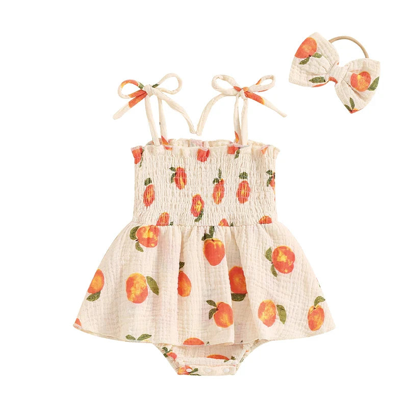 Baby Girls 2Pcs Summer Romper Dress Sleeveless Peach Print Cami Tank Playsuit with Headband Set