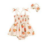 Baby Girls 2Pcs Summer Romper Dress Sleeveless Peach Print Cami Tank Playsuit with Headband Set