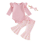 Baby Girl 3Pcs Fall Outfit Long Sleeve Ribbed Romper Daisy Flower Flare Pants Bow Headband Set