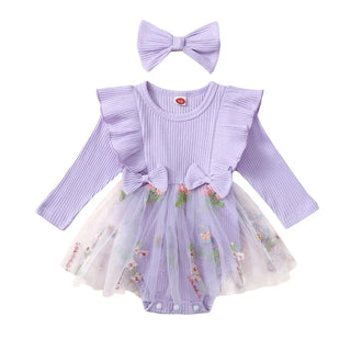 Baby Toddler Girls 2Pcs Outfit Floral Mesh Ruffles Long Sleeve Romper Dress Skirt Tutu and Headband Set
