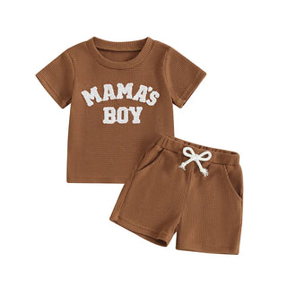 Baby Toddler Boy 2Pcs Mama's Boy Letter Embroidery Short Sleeve Top Matching Shorts Set Waffle Outfit