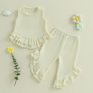 Baby Toddler Girl 2Pcs Summer Outfit Solid Waffle Round Neck Ruffled Tank Top with Long Pants Set