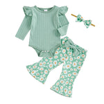 Baby Girl 3Pcs Fall Outfit Long Sleeve Ribbed Romper Daisy Flower Flare Pants Bow Headband Set