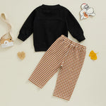 Baby Toddler Boys 2Pcs Fall Set Football Embroidered Long Sleeve Round Neck Top With Plaid Long Pants Outfit