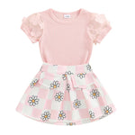 Toddler Kids Girls 2Pcs Summer Outfit Mesh Flower Sleeve Ribbed Top Floral Checker Print Skirt Set