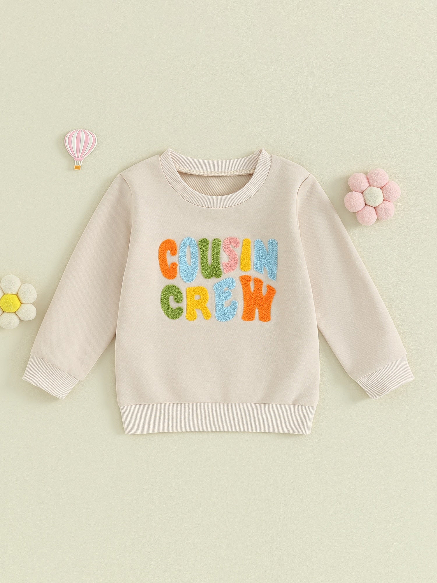 Toddler Baby Kids Boys Girls Fuzzy Letter Embroidery Cousin Crew Matching Long Sleeve Round Neck Pullover Loose Top