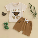 Baby Toddler Boys 2Pcs New To The Herd Summer Outfit Letter Cow Embroidery Round Neck Short Sleeve T-Shirt Top Elastic Waist Shorts Set