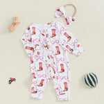 Baby Girl 2Pcs Fall Jumpsuit Ruffled Zip Up Boots Ribbons Print Long Sleeve Round Neck Zipper Romper Bow Headband Set
