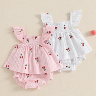 Baby Toddler Girl 2Pcs Shorts Set Cherry Print Fly Sleeve Babydoll Top Elastic Waist Ruffle Shorts Summer Outfit