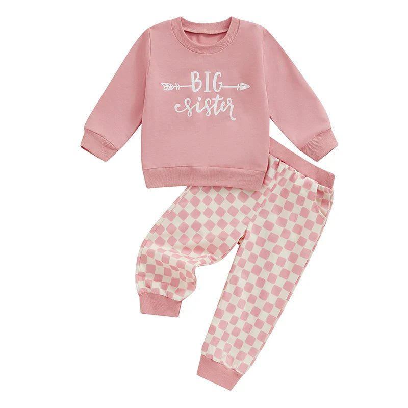 Toddler Kids Boys Girls 2Pcs Big Brother / Sister Letter Print Long Sleeve Top with Elastic Waist Checkered Print Pants Set Outfit