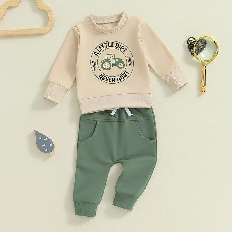 Baby Toddler Boys 2Pcs A Little Dirt Never Hurt/ Just One More Tractor I Promise Fall Outfit Letter Tractor Print Long Sleeve Top and Long Pants Set