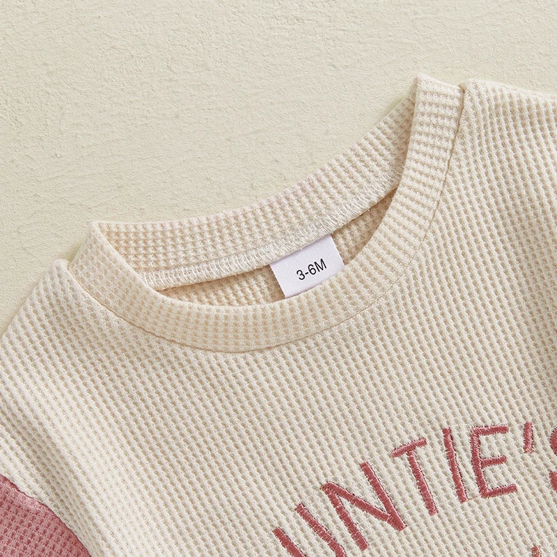 Baby Girl Auntie's Bestie Romper Contrast Color Letter Embroidery Waffle Crew Neck Short Sleeve Jumpsuit