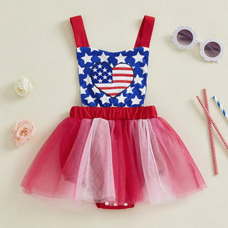 Baby Girls Romper Dress Sleeveless Tank Stars USA Flag Heart Tulle Patchwork Party Bodysuit Tutu Summer 4th of July Clothing