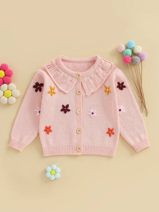 Baby Toddler Girls Cardigan Sweater 3D Flower Design Button Down Long Sleeve Knitted Top