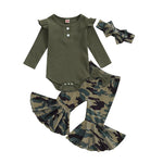 Baby Girls 3Pcs Fall Outfit Long Sleeve Ribbed Solid Color Romper Camouflage Print Flared Long Pants Headband Set