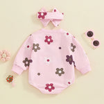Baby Girls 2Pcs Buble Romper Floral Flowers Print Round Neck Long Sleeve Jumpsuit with Headband Fall Set
