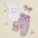 Baby Girls 3Pcs Auntie's Bestie Outfit Short Sleeve Letter Print Romper with Leopard Pattern Print Belted Pants and Headband Set