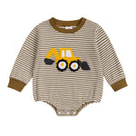 Baby Boy Fall Bubble Romper Casual Digger Tractor Embroidery Striped Long Sleeve Jumpsuit Infant Cute Outfit