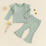 Toddler Kids Girls 2Pcs Fall Outfit Ruffle Flower Print Long Sleeve Top + Flare Pants Set