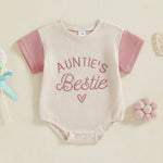 Baby Girl Auntie's Bestie Romper Contrast Color Letter Embroidery Waffle Crew Neck Short Sleeve Jumpsuit