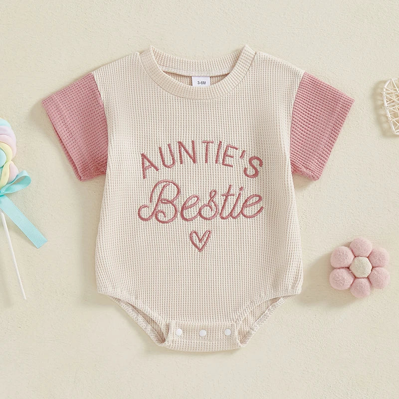 Baby Girl Auntie's Bestie Romper Contrast Color Letter Embroidery Waffle Crew Neck Short Sleeve Jumpsuit
