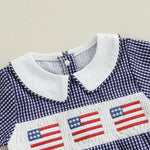 Baby Girl 4th of July Romper Smocked Plaid Pattern American Flag Embroidery Ruffled Doll Collar Short Sleeve Jumpsuit