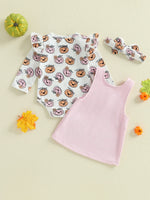 Baby Girls 3Pcs Halloween Outfit Pumpkin Print Long Sleeves Romper and Overall Tank Dress Bow Headband Set