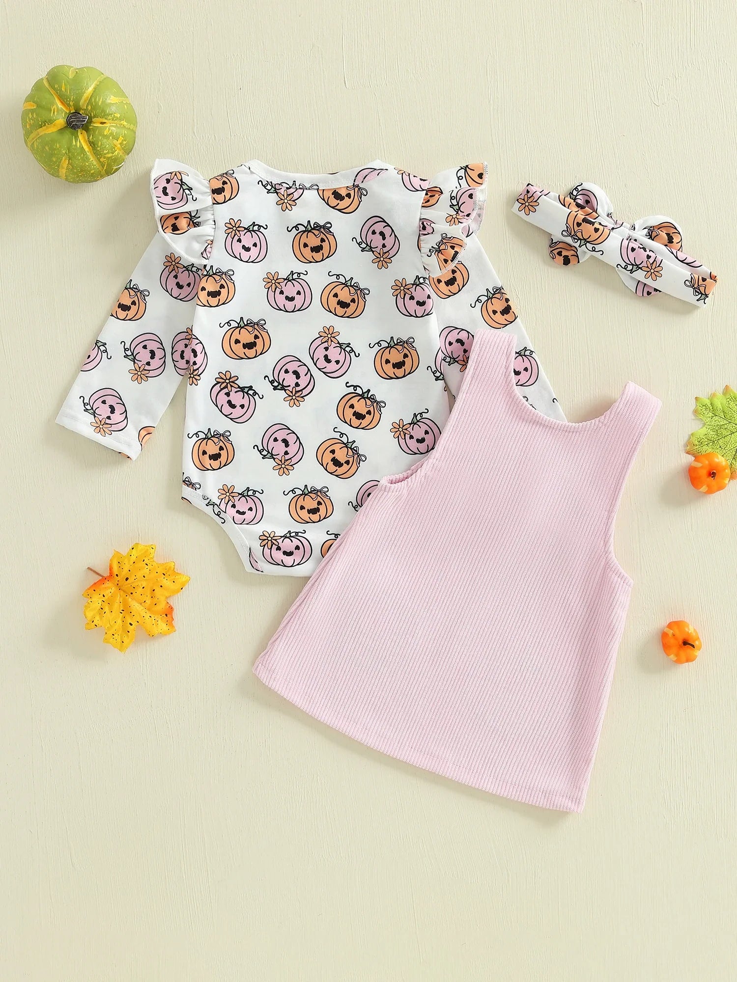 Baby Girls 3Pcs Halloween Outfit Pumpkin Print Long Sleeves Romper and Overall Tank Dress Bow Headband Set