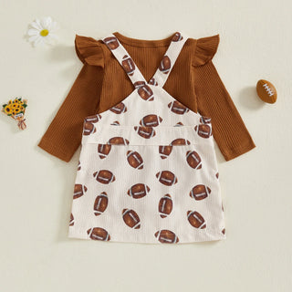 Baby Toddler Girls 2Pcs Fall Outfit Long Sleeve Romper + Football Print Overall Dress Set Clothes
