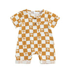 Baby Boy Romper Summer Short Sleeve Round Neck Checkered Tree Print Jumpsuit Playsuit