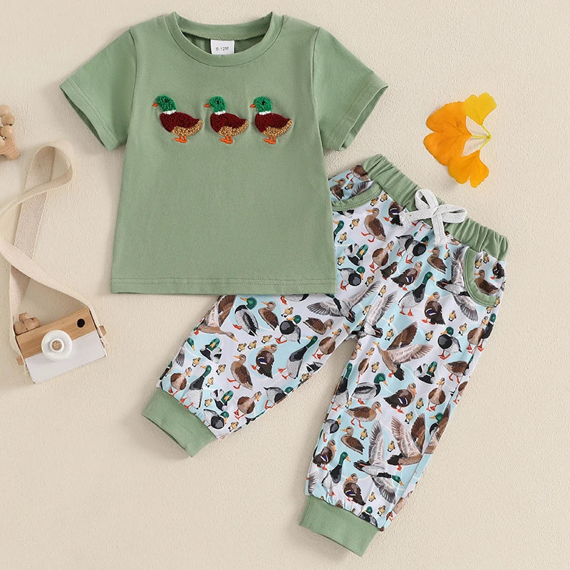 Baby Toddler Boys 2Pcs Outfit Summer Spring Duck Embroidery Short Sleeve T-Shirt Top and Elastic Waist Jogger Pants Set