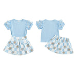 Toddler Kids Girls 2Pcs Summer Outfit Mesh Flower Sleeve Ribbed Top Floral Checker Print Skirt Set